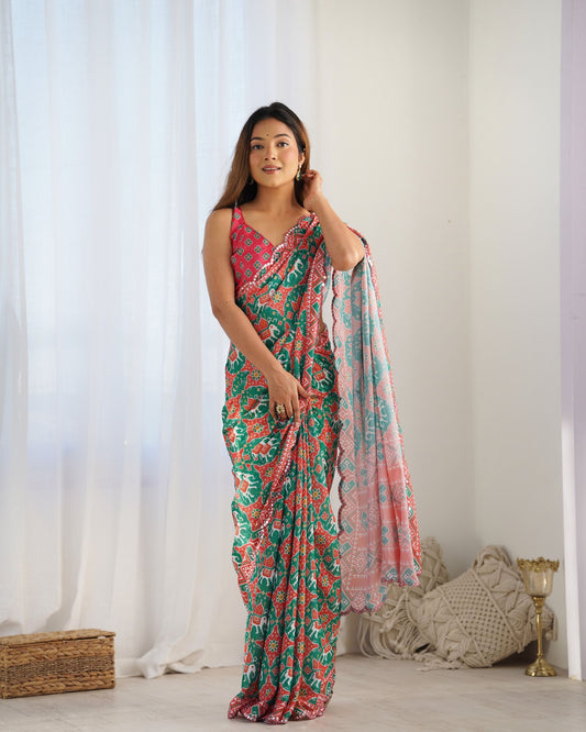 Green color chinon saree
