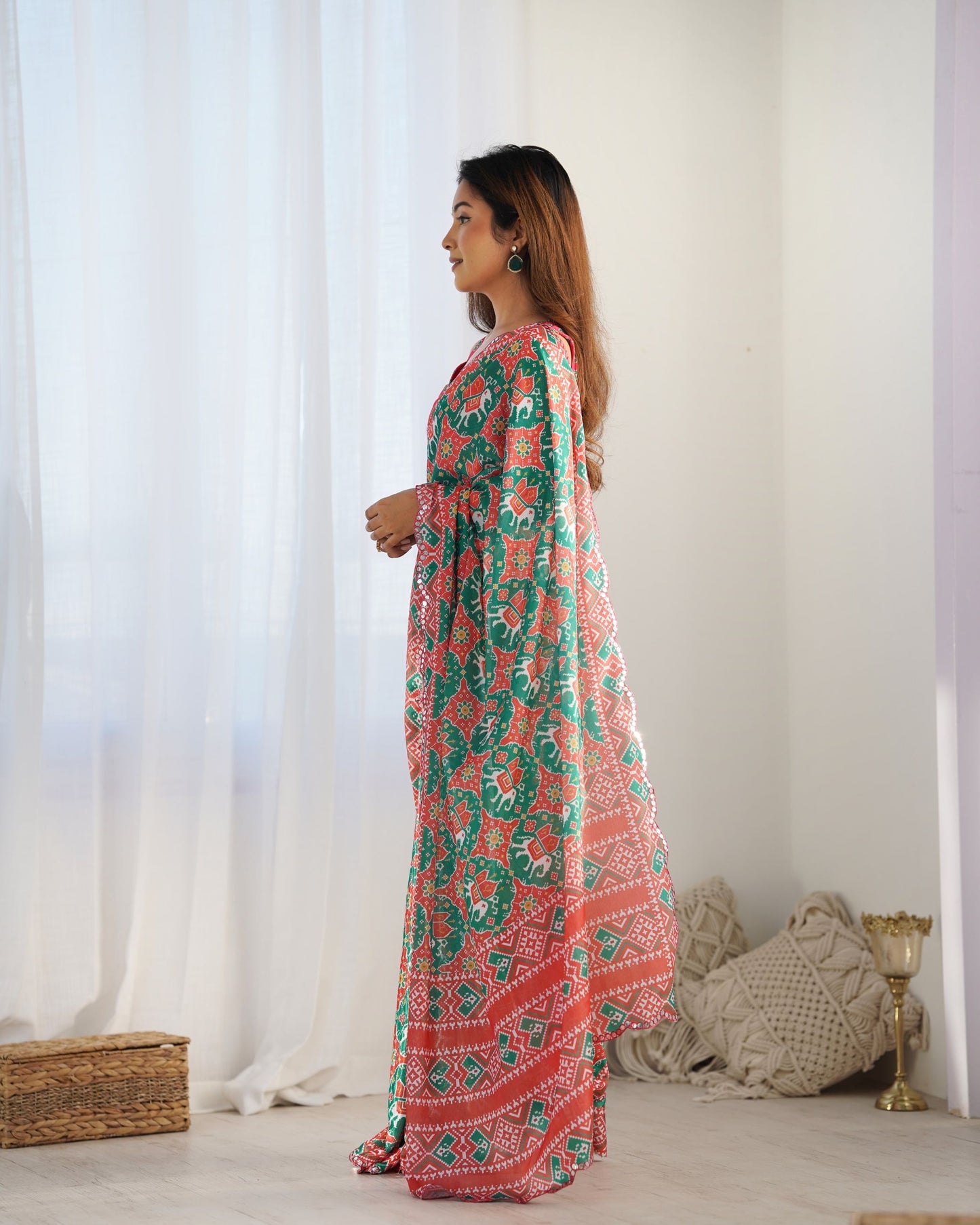 Green color chinon saree with blouse