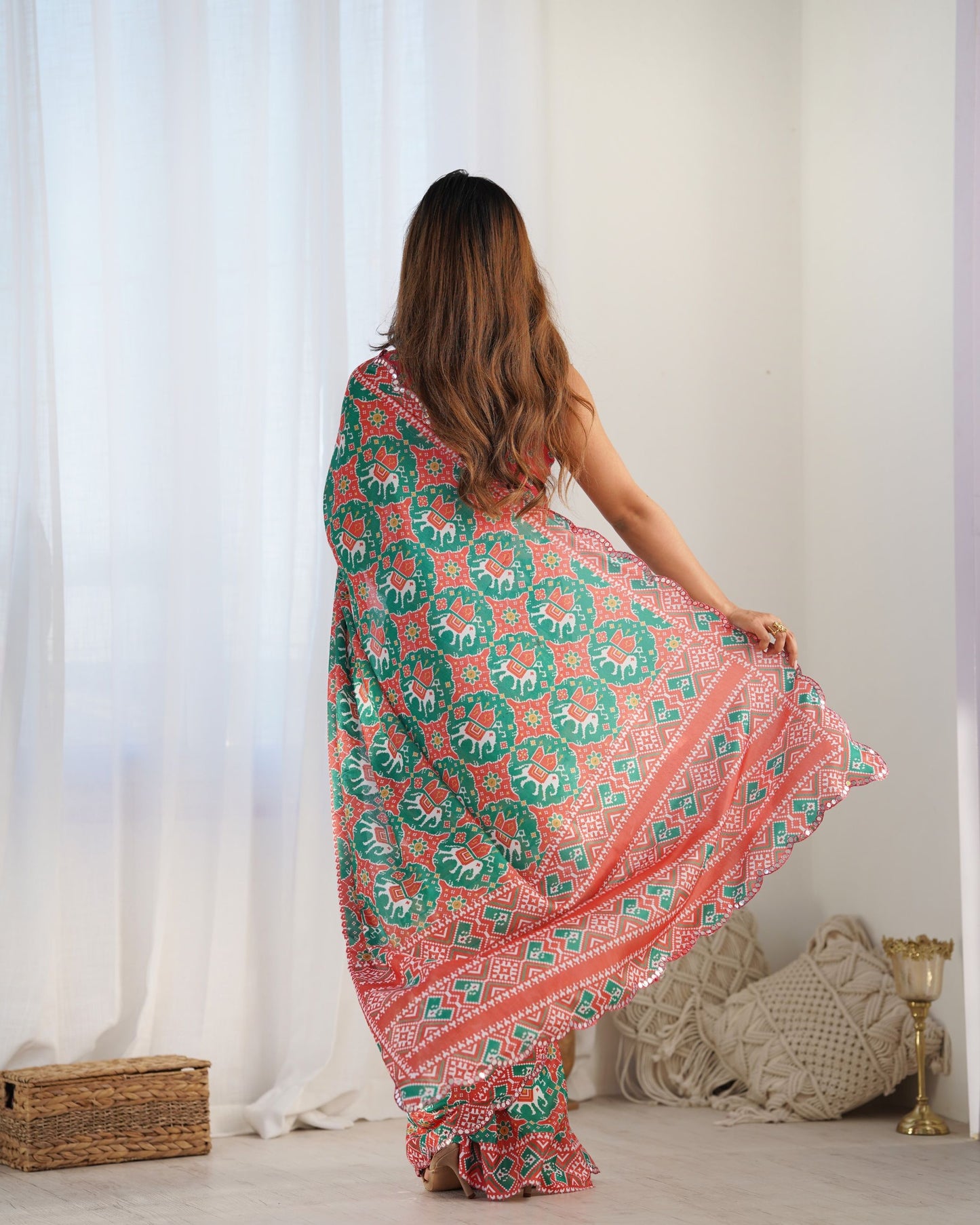 Green color chinon saree online shopping