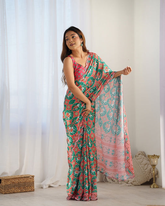 Green color chinon saree for women