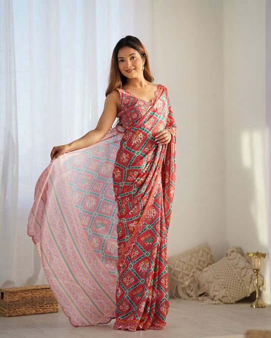 Red color chinon printed saree online