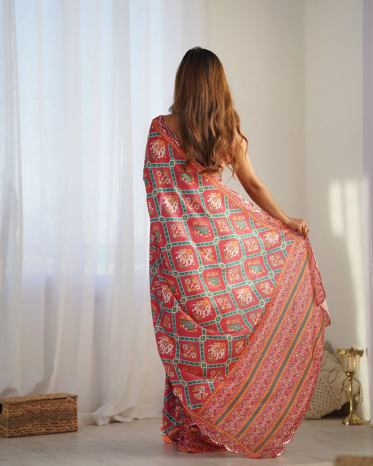 Red color chinon saree price