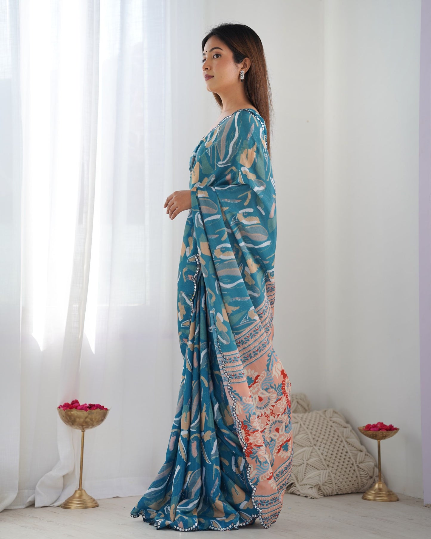 Teal Blue color chinon saree online shopping