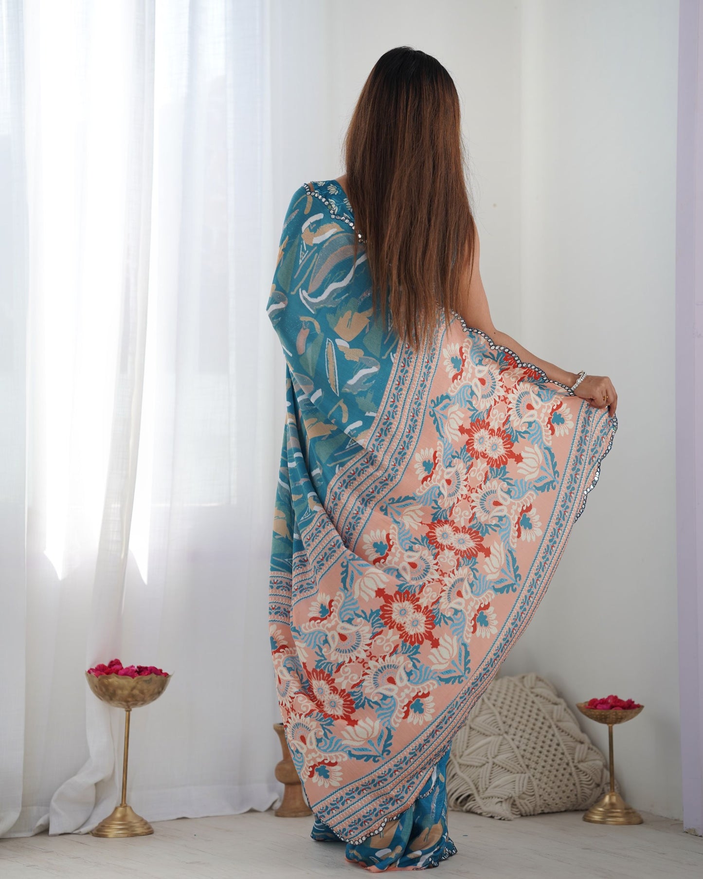 Teal Blue color chinon saree images