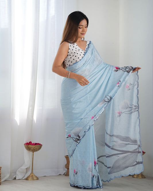 Sky color chinon printed saree online