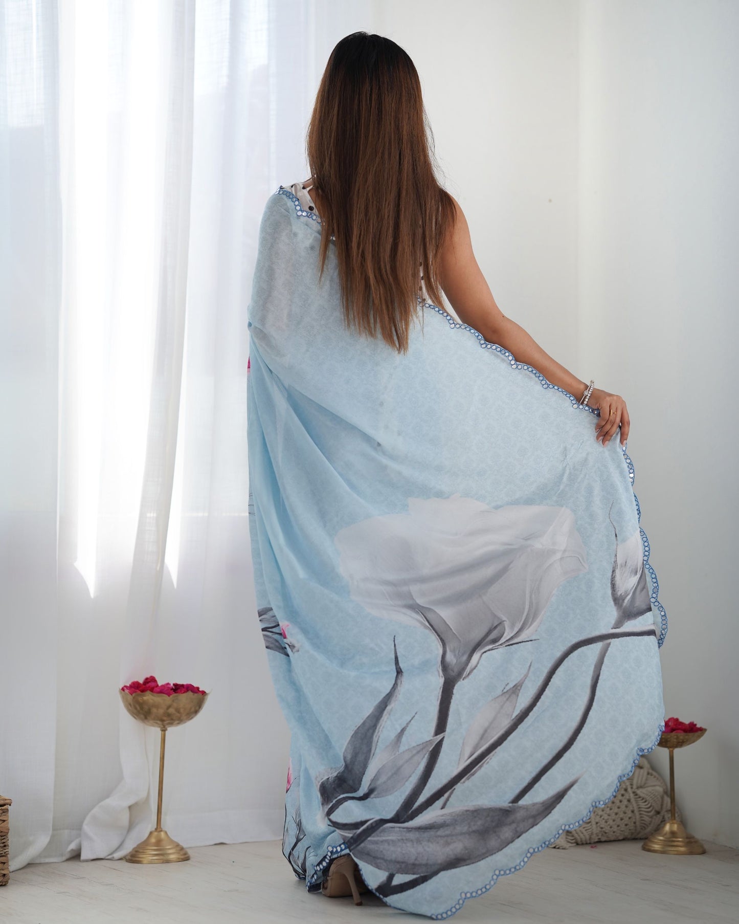 Sky color printed chinon saree images