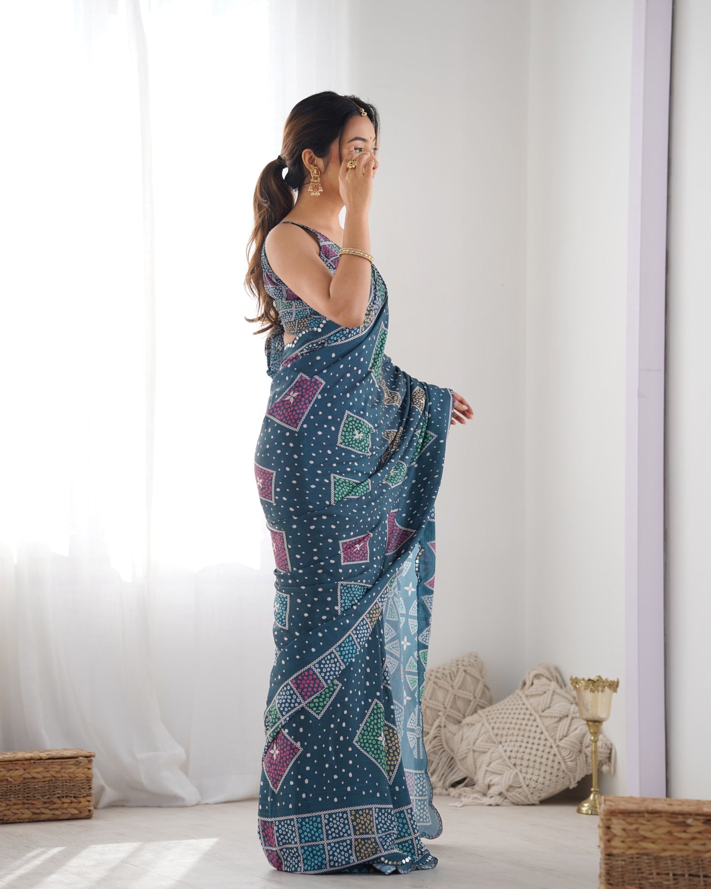 Blue color chinon printed saree price