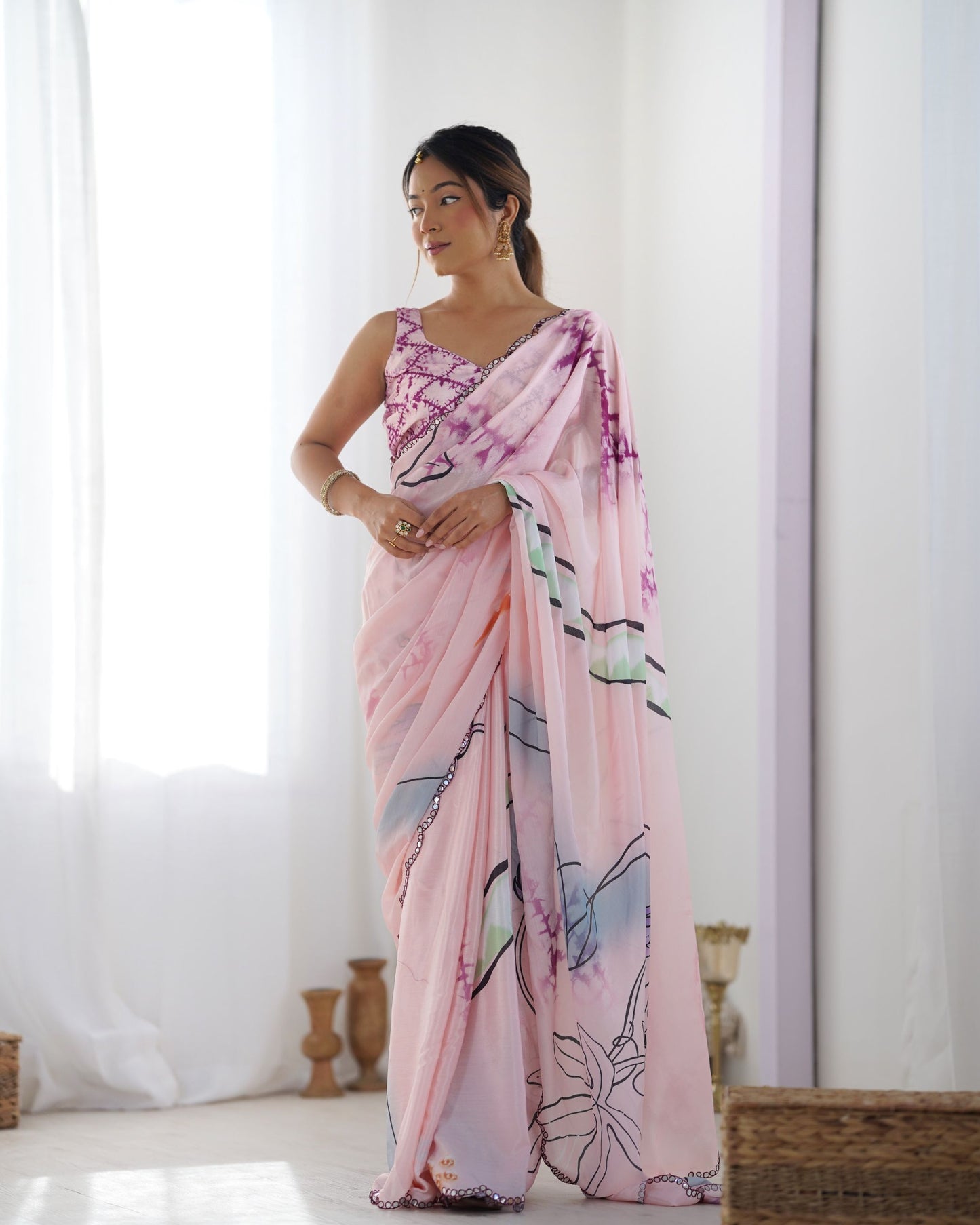 Pink color chinon saree for women