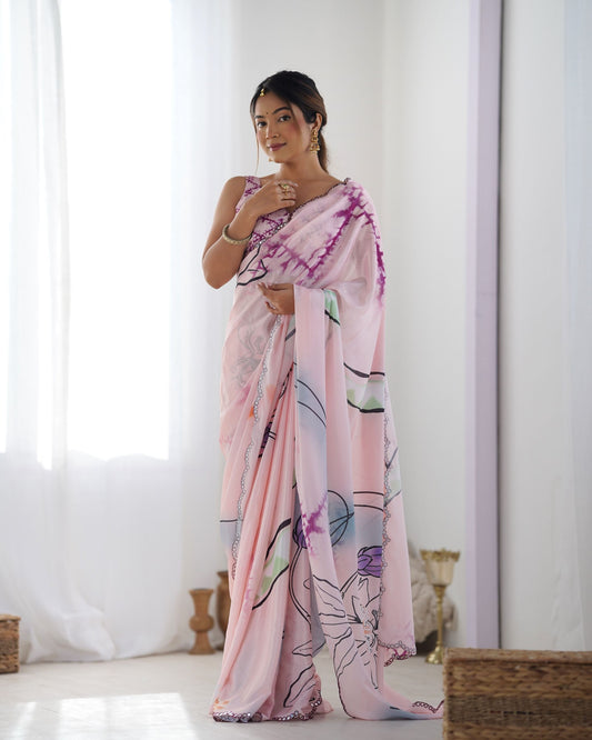 Pink color chinon saree for party