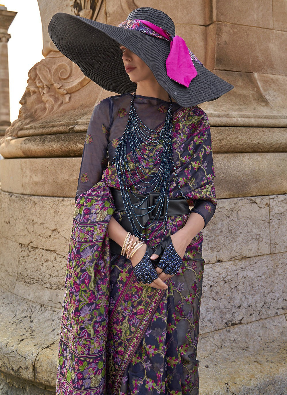 Navy blue organza saree for women with price