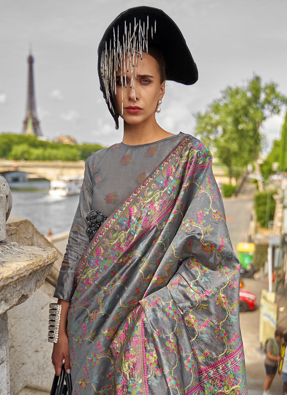 Grey organza saree for women with price