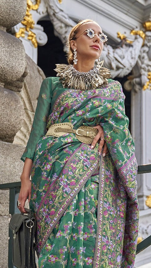 Green organza saree for women