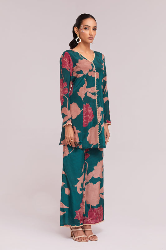 Teal color crepe printed co ord set for party