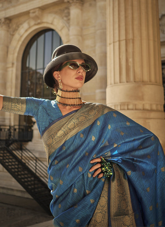 Blue color khadi handloom silk saree for women online shopping