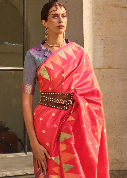 Pink color khadi silk saree for wedding