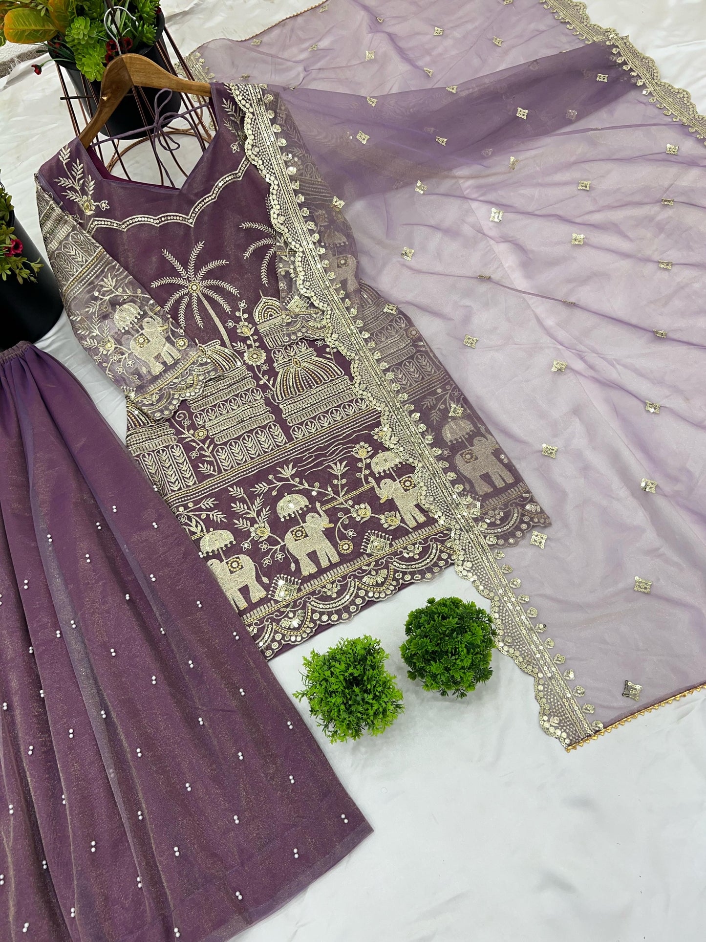 Onion color twill net sharara suit with dupatta online