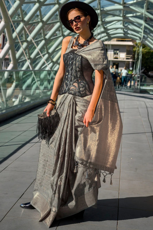 Grey color handloom silk saree with blouse