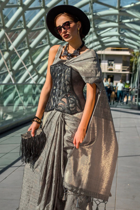Grey color handloom silk saree with blouse online shopping