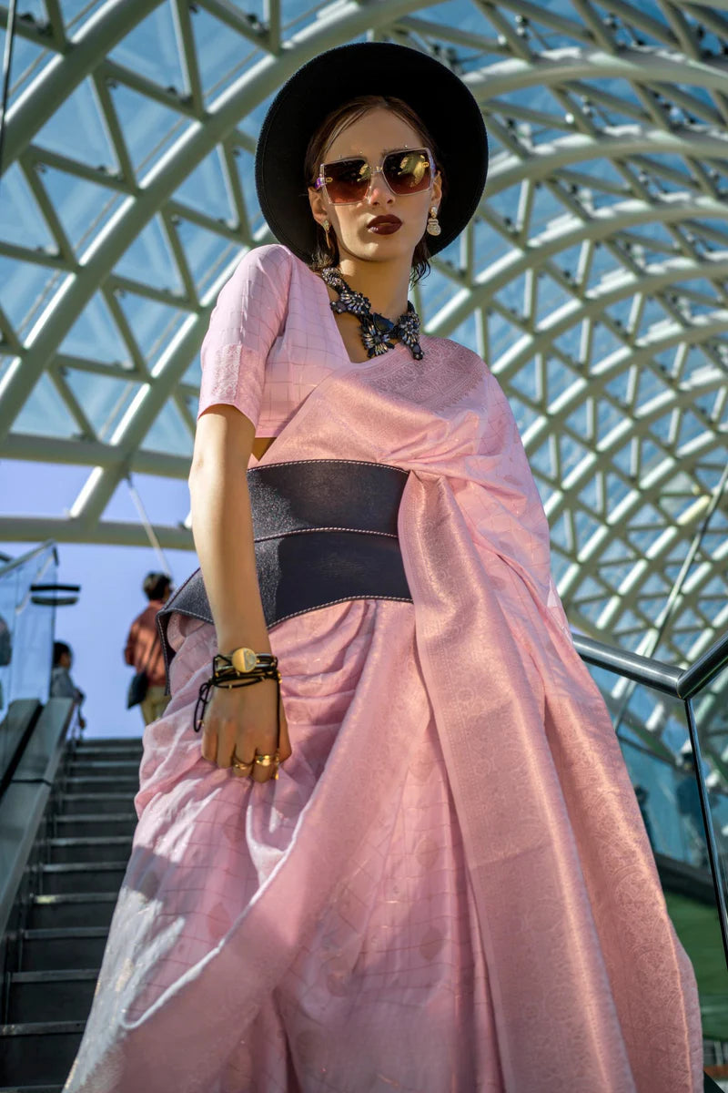 Pink color handloom silk saree with blouse design