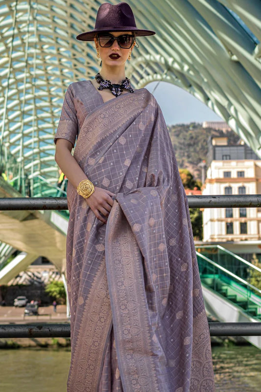 Lavender color handloom silk saree with blouse