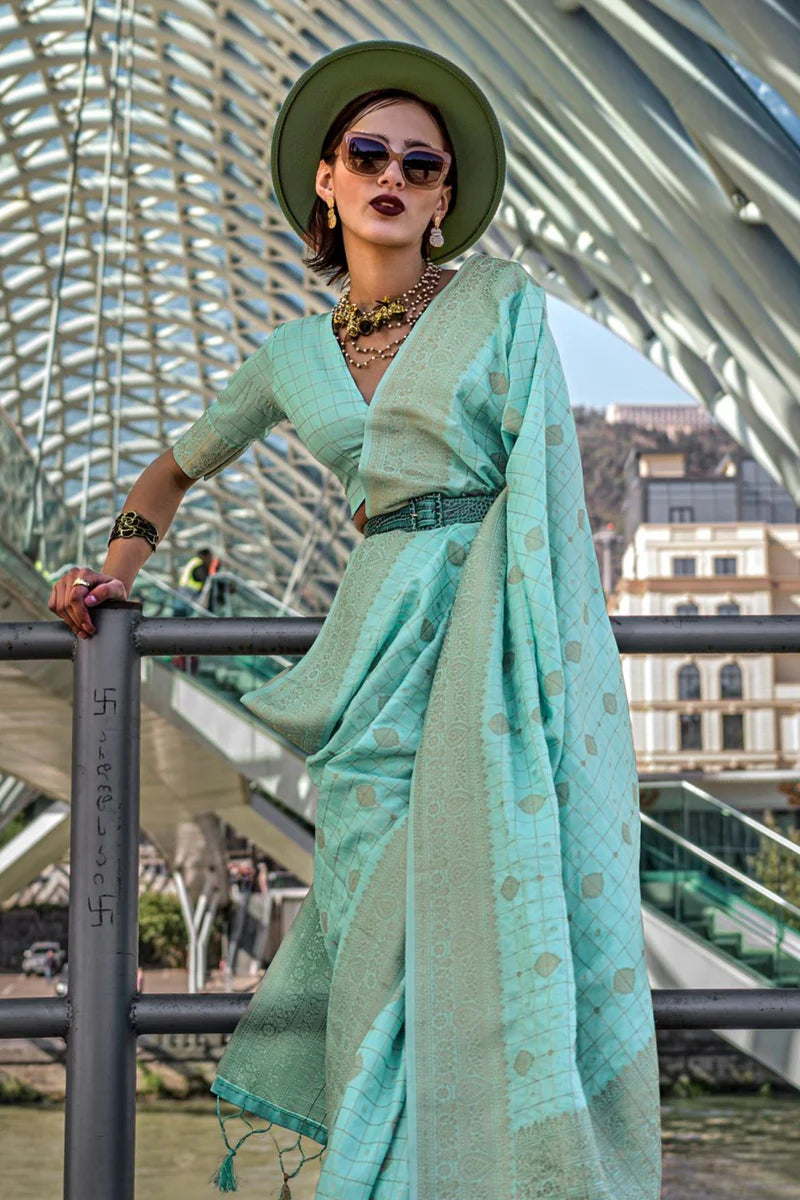 Sky color handloom silk saree with blouse images