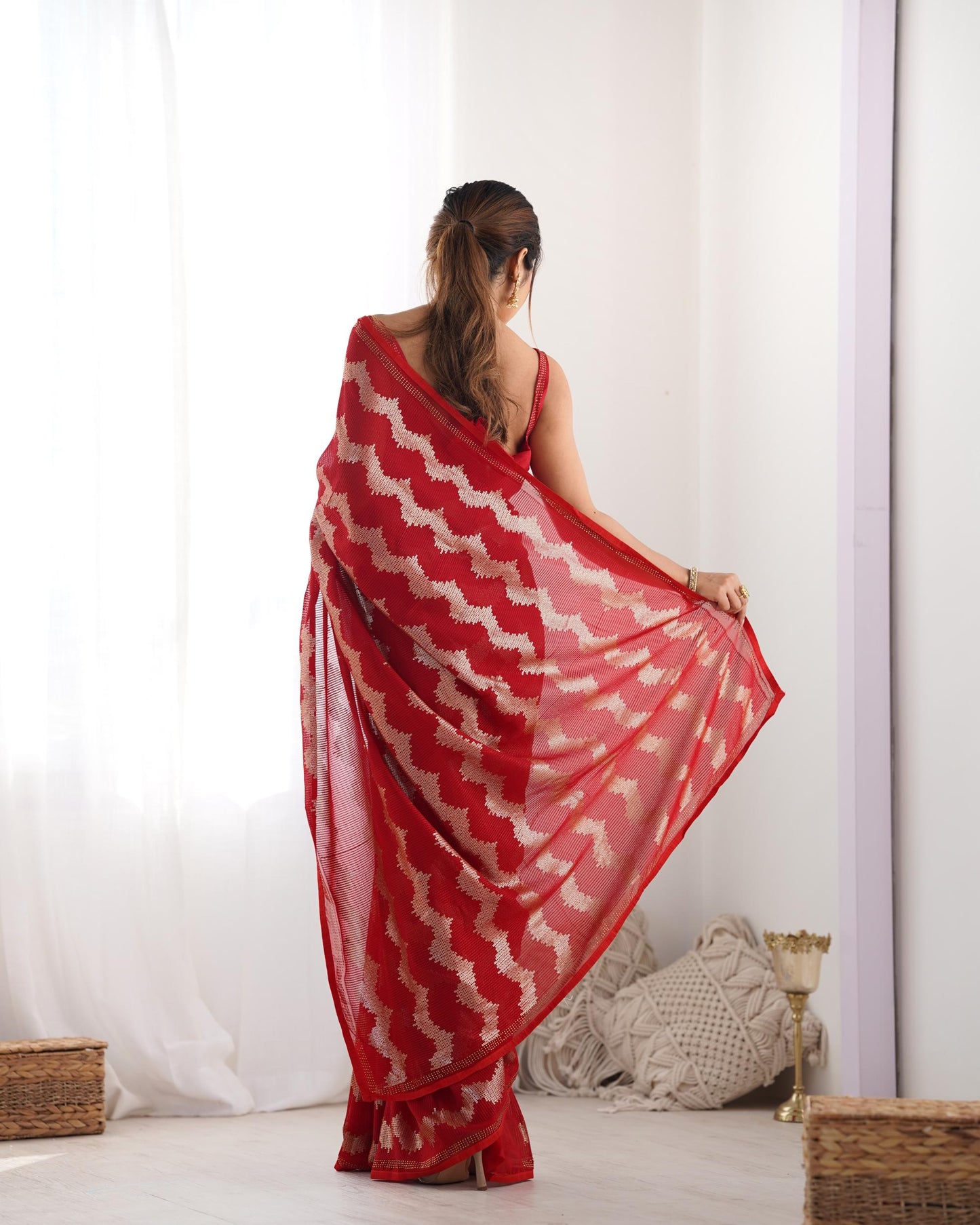 Red georgette Saree look