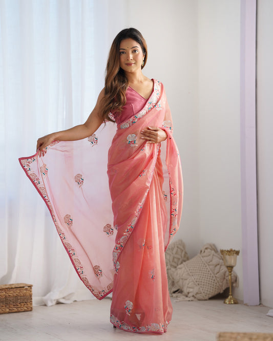 Peach color net saree for wedding