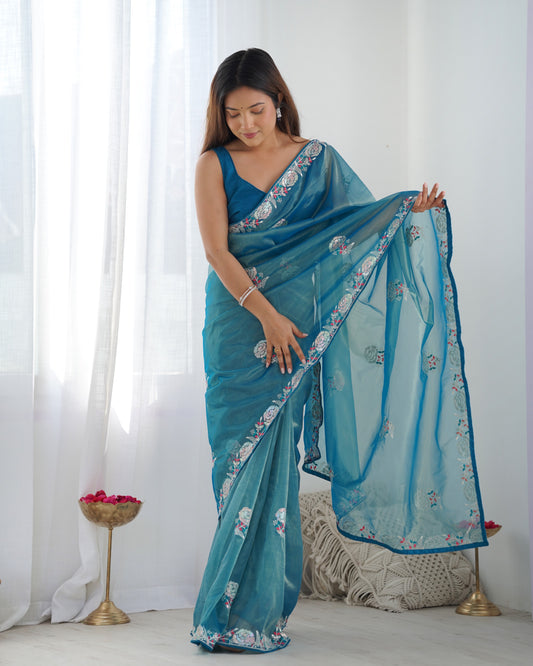 Teal blue color net saree for women with online