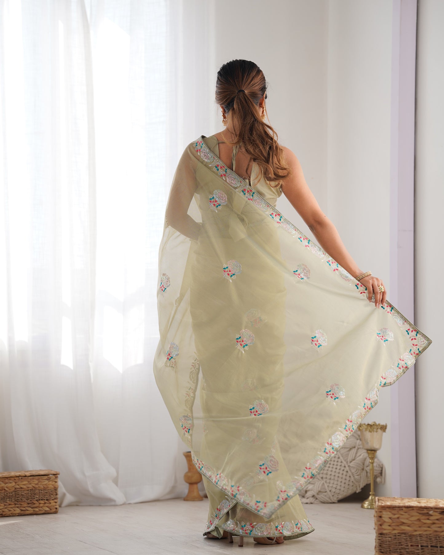 Pista color gold twill net saree online shopping
