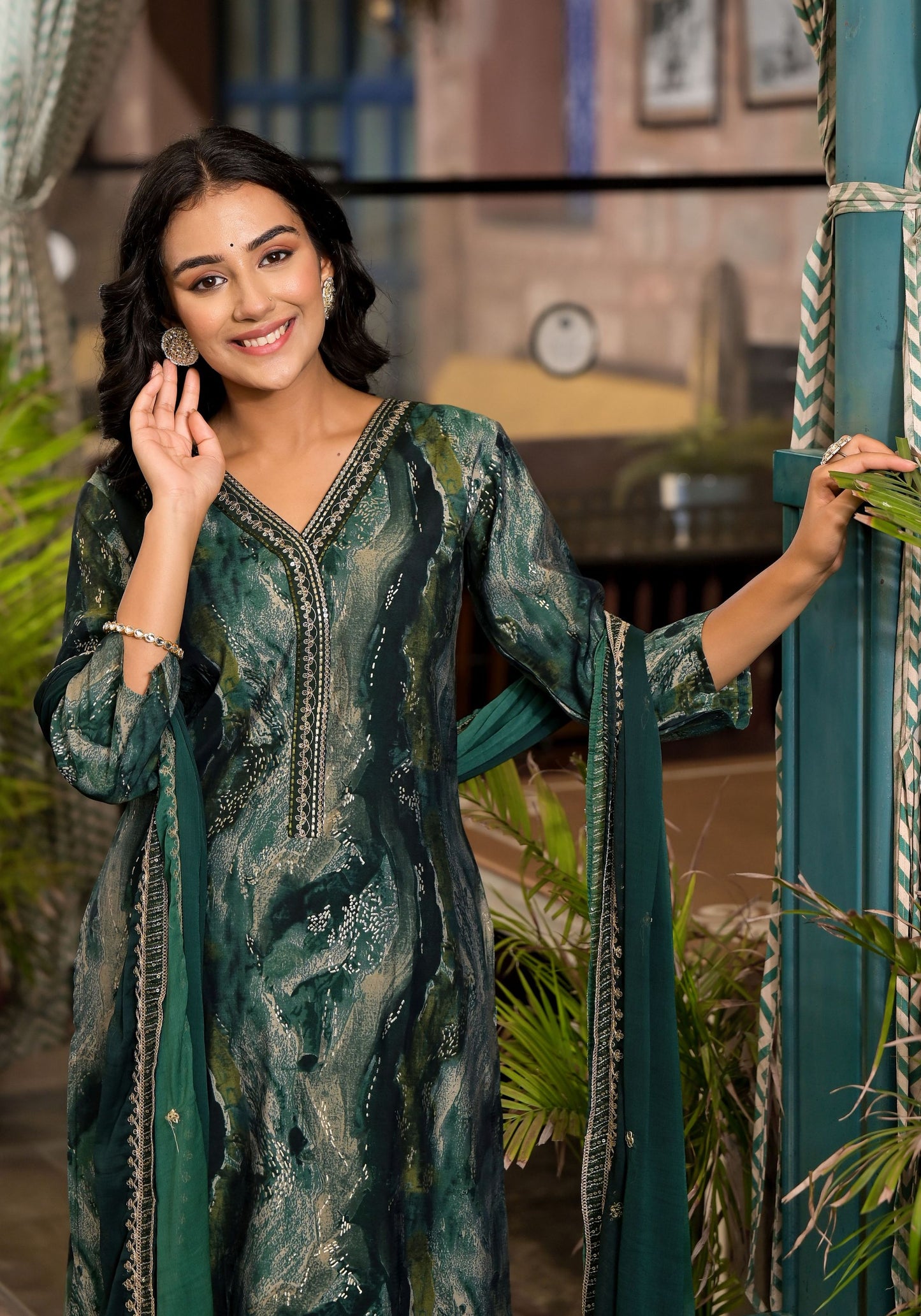 Dark green color modal silk salwar suit images