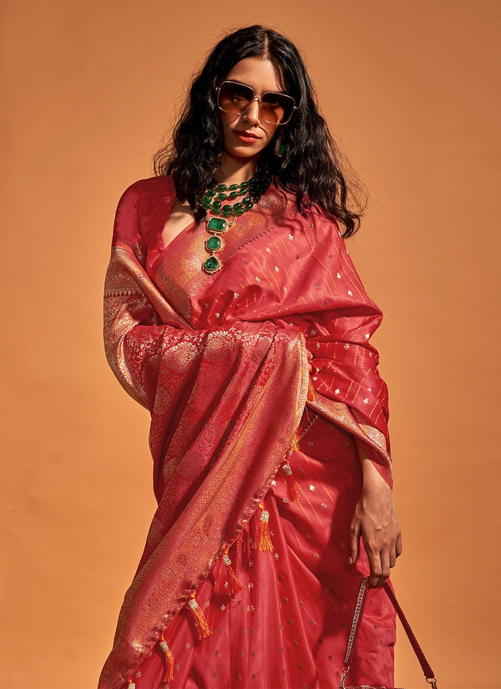 Pure red satin silk saree for women