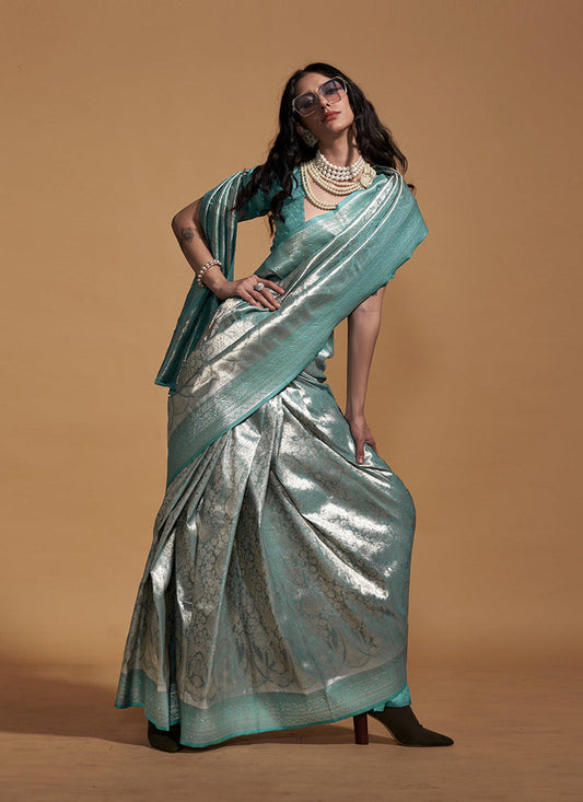 Rama color kanjivaram silk saree for women images
