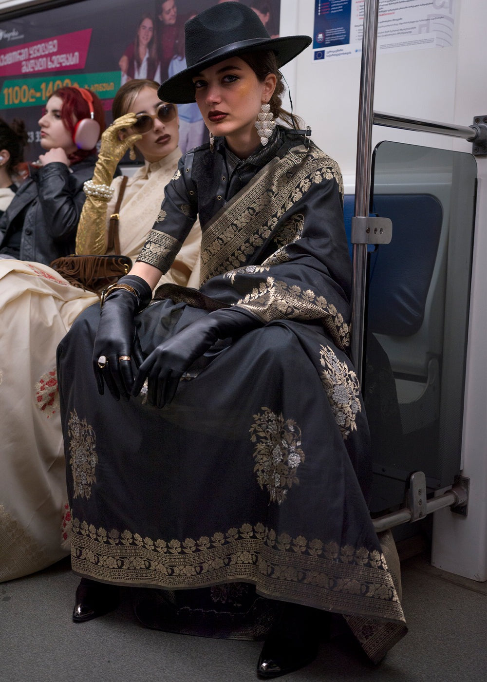 Black color habutai katan silk saree for women images