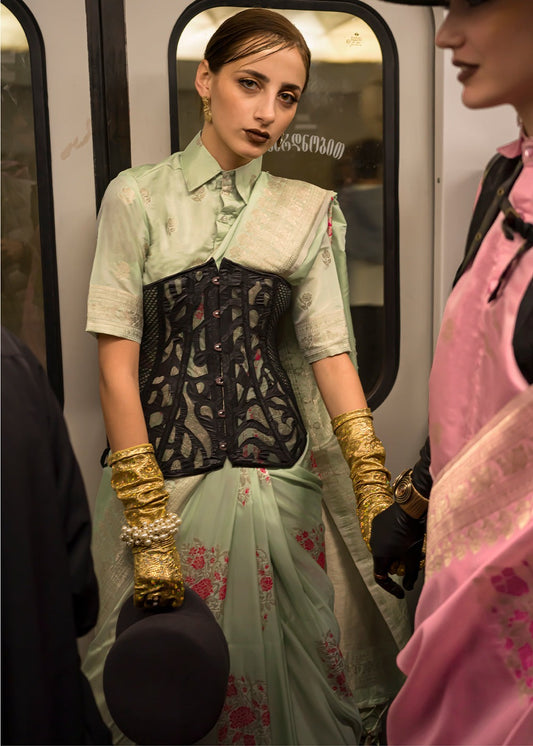 Pista color habutai katan silk saree for women online shopping