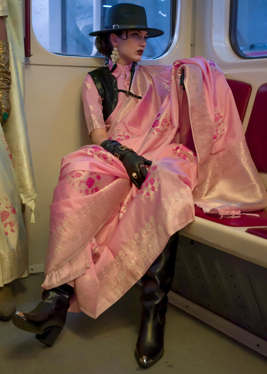 peach color handloom weaving work saree for party wear