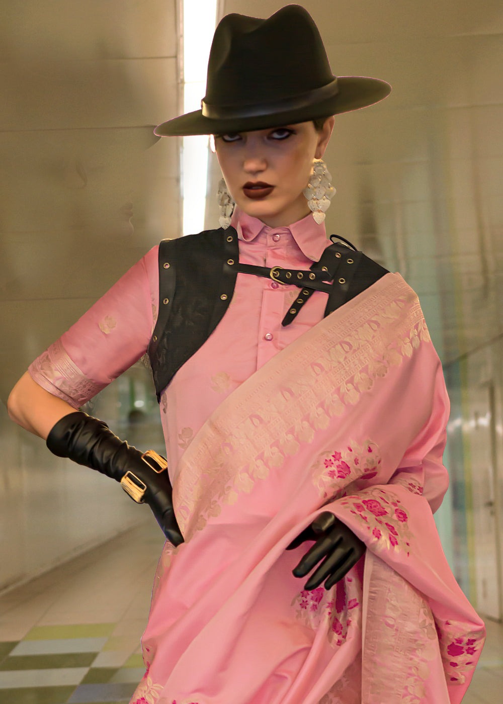 Peach color traditional saree with blouse