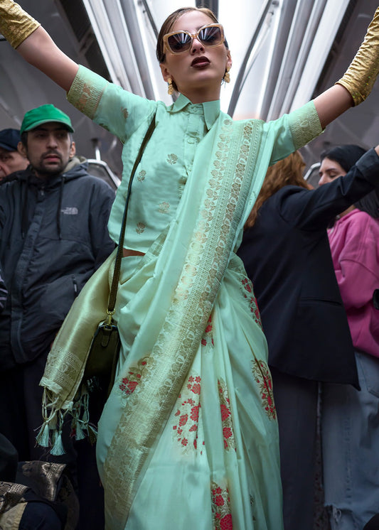 Rama color habutai katan silk saree for women online