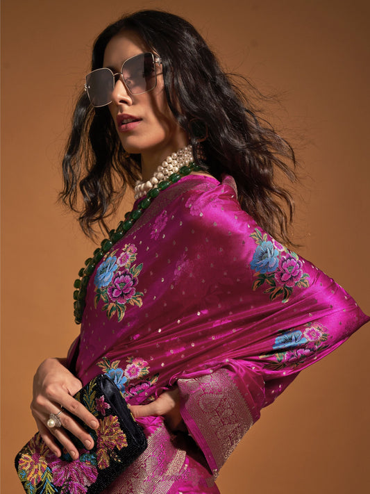 Magenta weaving satin saree for wedding wear