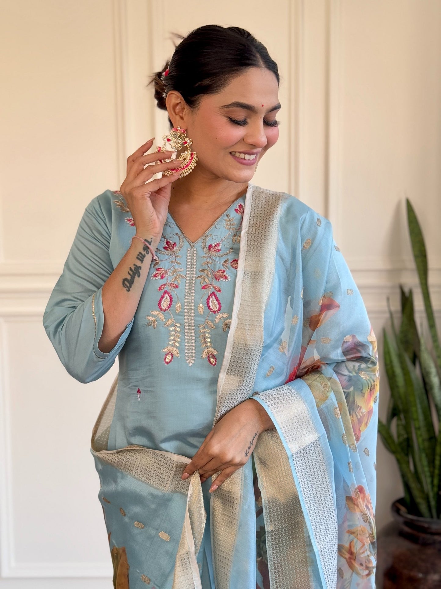 Sky color viscose chanderi salwar suit for wedding
