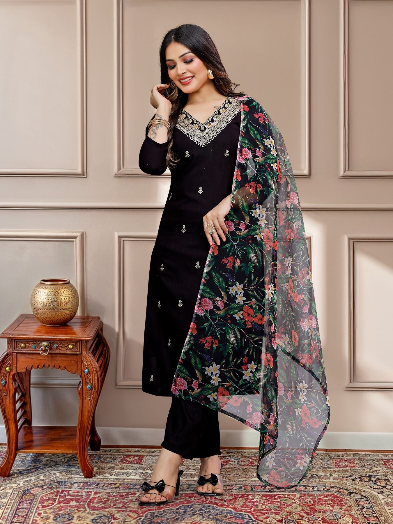 Black slub salwar suit for women online
