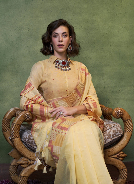 Yellow color cotton weaving saree for wedding online