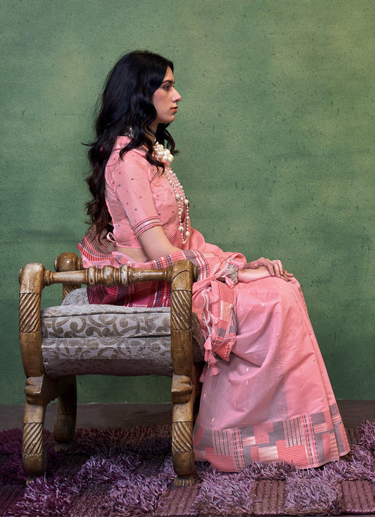 Pink color cotton weaving saree for women price