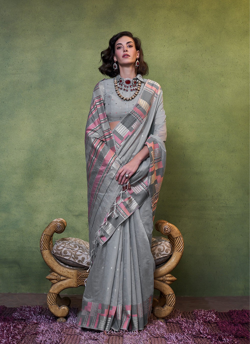 Grey color cotton weaving saree