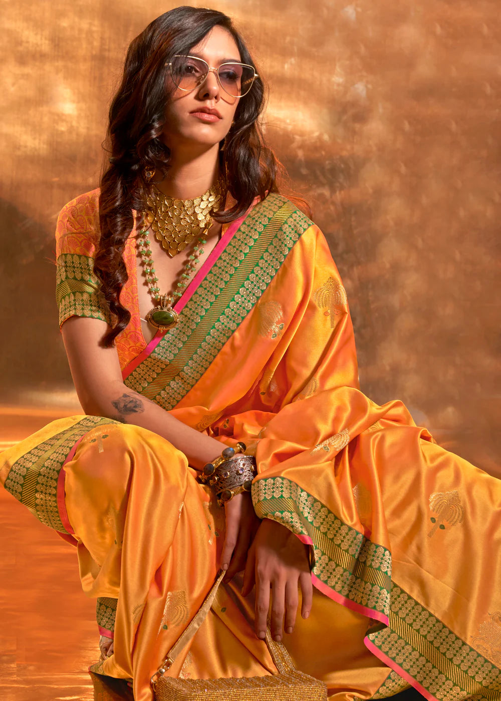 Yellow color handloom silk saree with blouse online