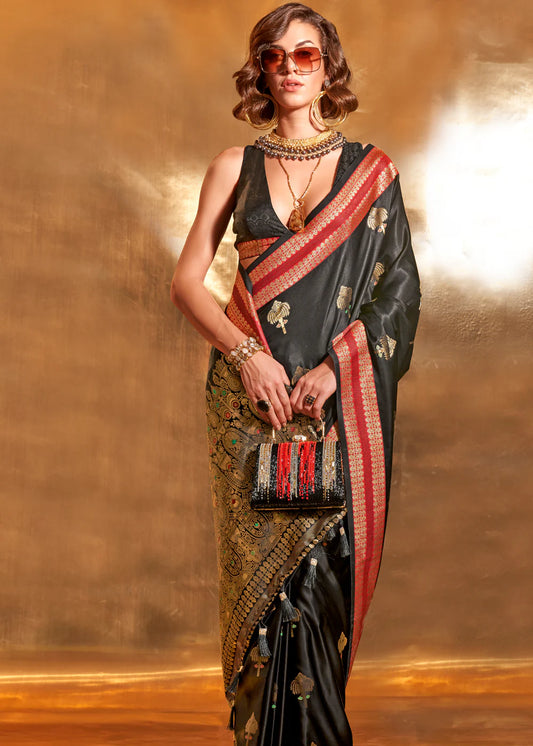 Black color handloom silk saree for wedding