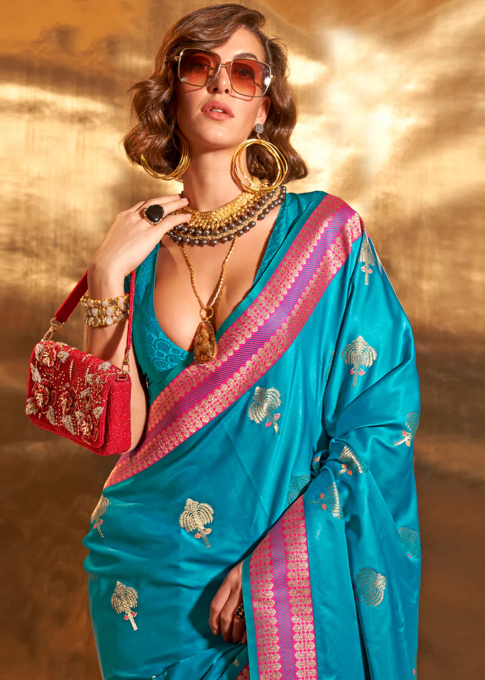 Rama color handloom silk saree with blouse online