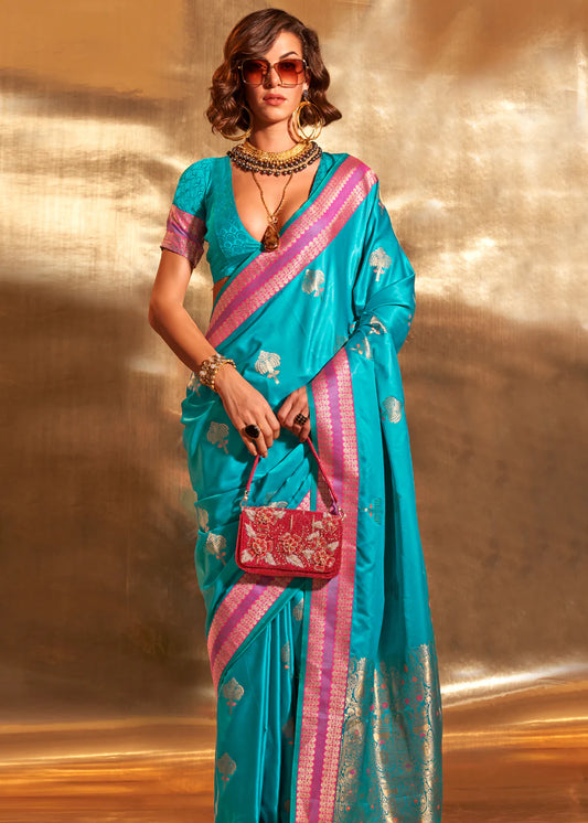 Rama color handloom silk saree for wedding