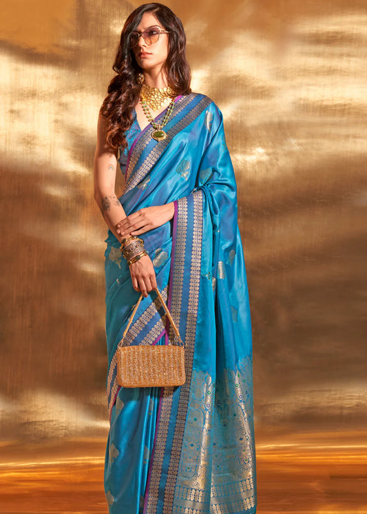 Sky color handloom silk saree for wedding