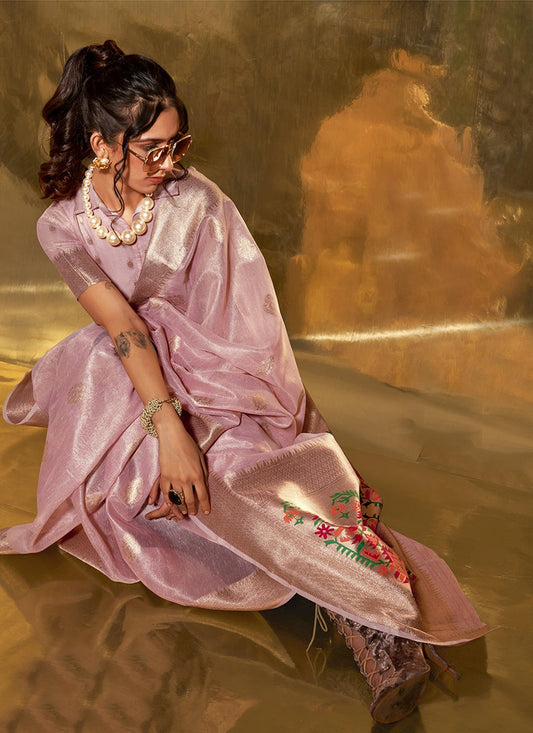 Pure pink color tissue saree for women