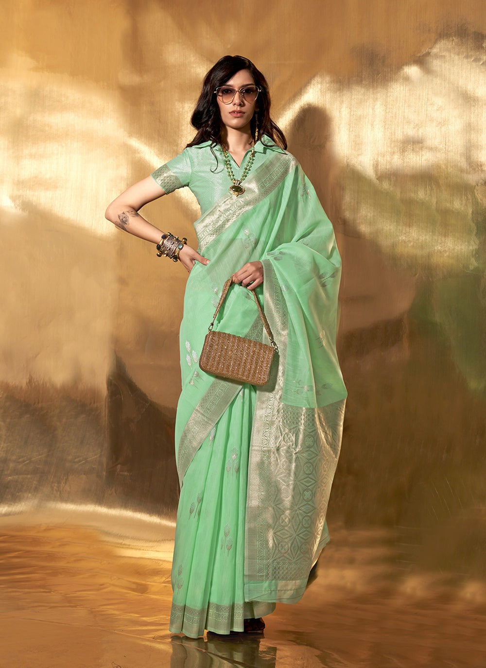 Green linen cotton saree for women price